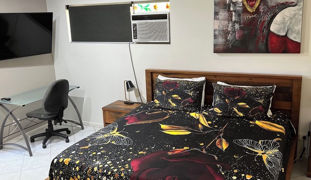 Spacious air-conditioned unit with king size bed, close to town & hospital