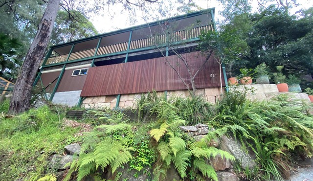 Treetops retreat - pole house set against a sandstone rock face in the tree tops